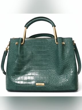 ALDO Green Croc Embossed Satchel Gold Handle Top Handle Crossbody Bag Emerald